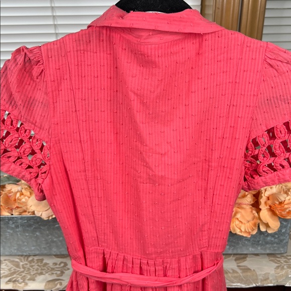 Maeve Anthropologie Coral 100% Cotton Swiss Dotted Belted Short Sleeve Dress 2 - Picture 7 of 9